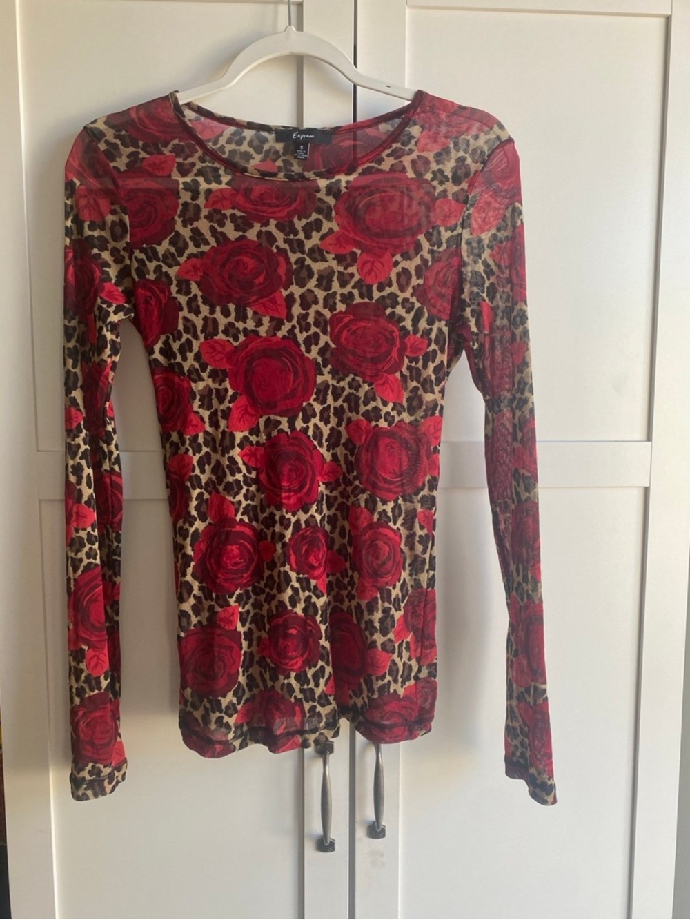 Express Red Rose & Leopard Print Long Sleeve Top